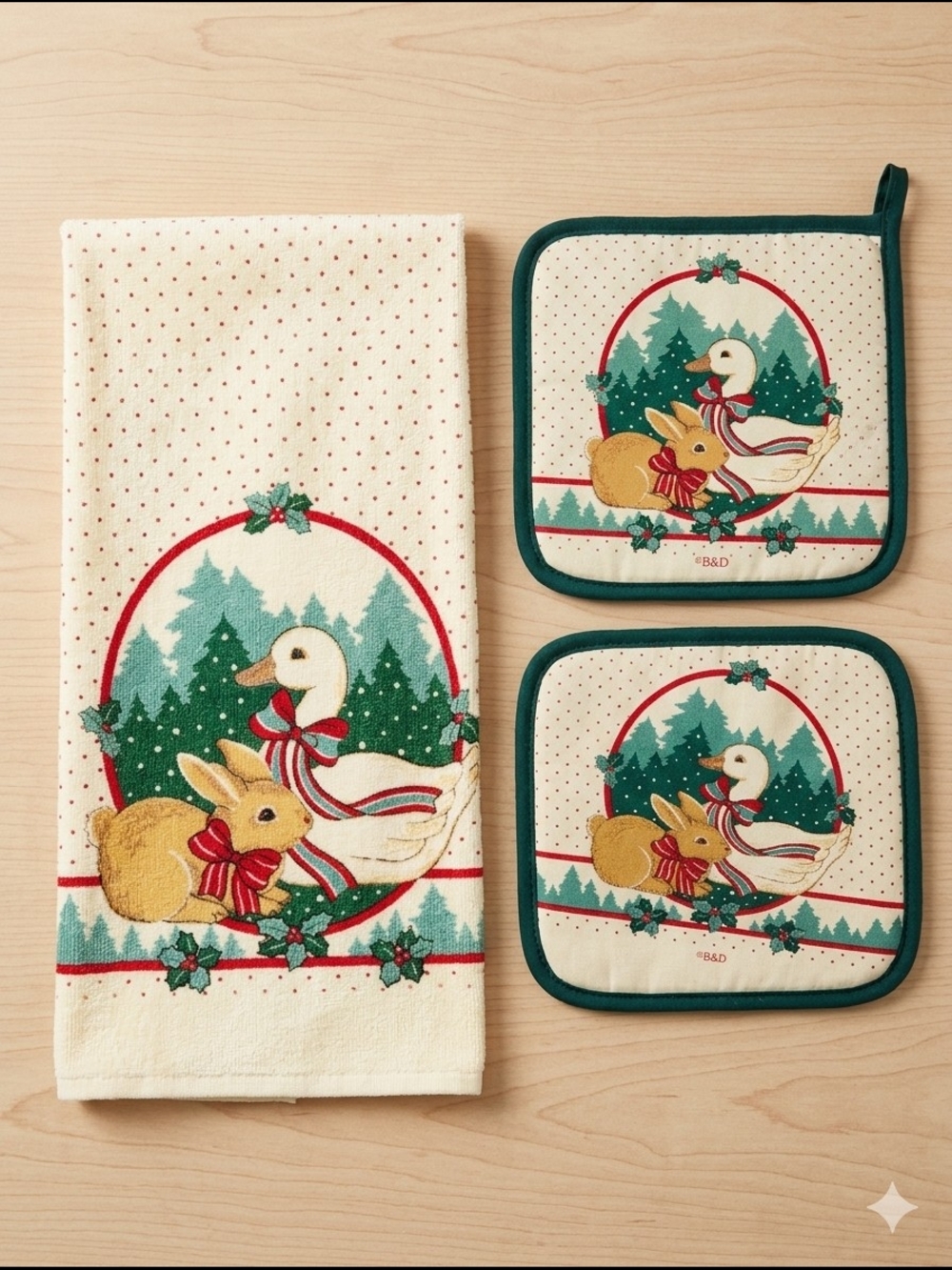 VTG B&D Christmas Goose and Bunny Kitchen Towel & Potholders Set NEW 3pc